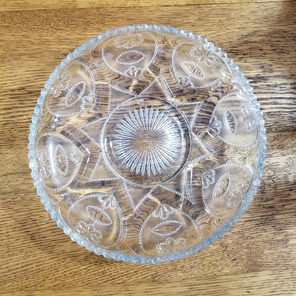 Antique Dugan Glass Jeweled Heart Bowl 1905 Early Pressed Glass 9” Clear
